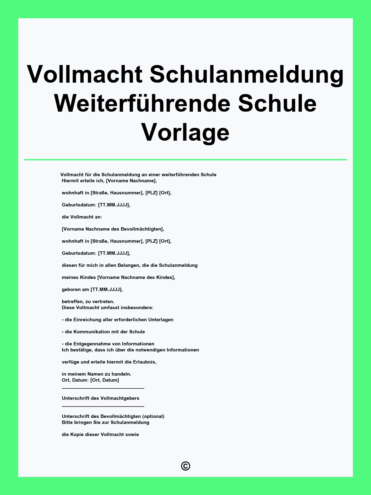 Vollmacht Schulanmeldung Weiterführende Schule Vorlage