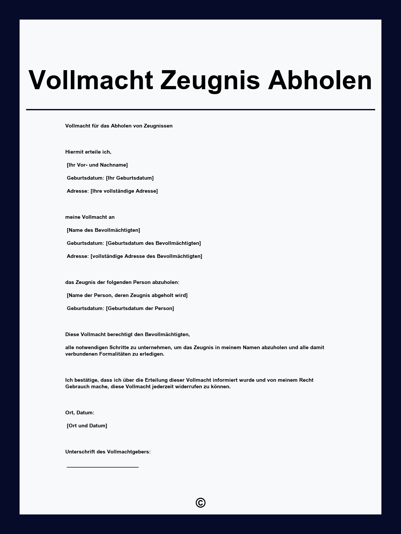 Vollmacht Zeugnis Abholen